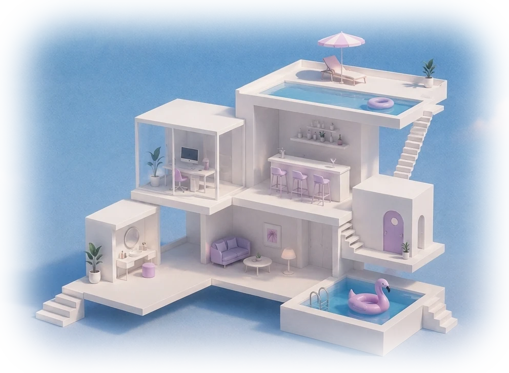 Isometric pastel dollhouse floating in the sky: rooftop pool with parasol, cocktail bar, glass office, beauty room, lavender lounge, secret room and a flamingo pool.